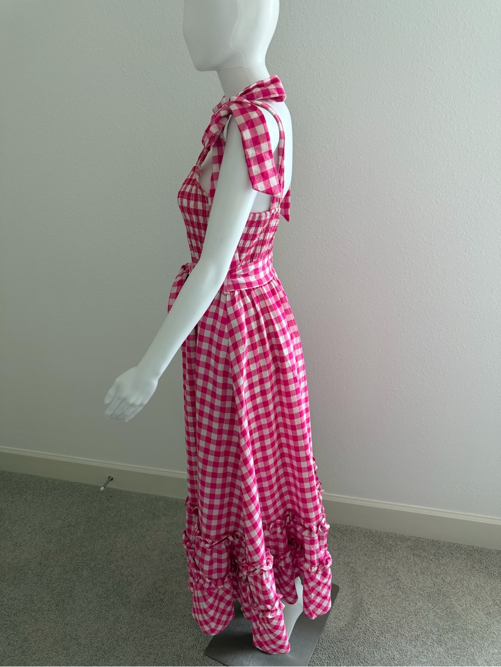&merci Pink Gingham Maxi Dress with Tie Shoulders and Waist - Picture 3 of 10